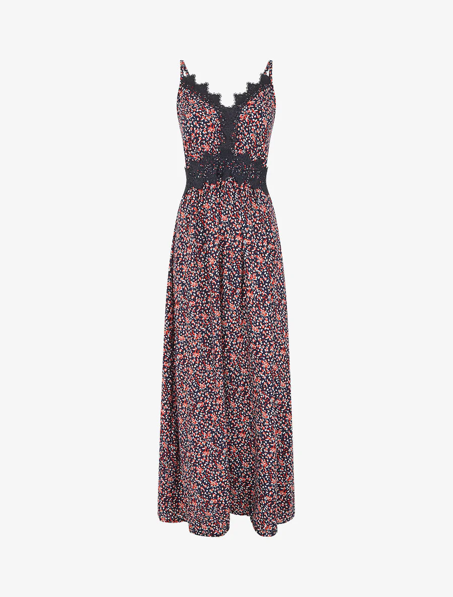 Lange bloemenjurk met borduurdetails - Marineblauw