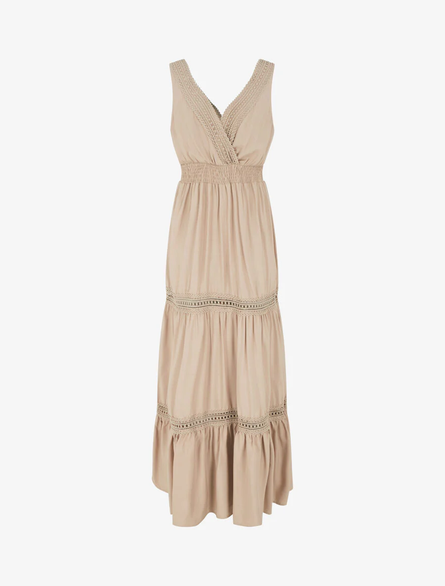 Lange effen opengewerkte jurk - Beige - Image 2