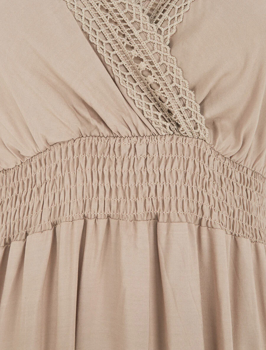Lange effen opengewerkte jurk - Beige - Image 3