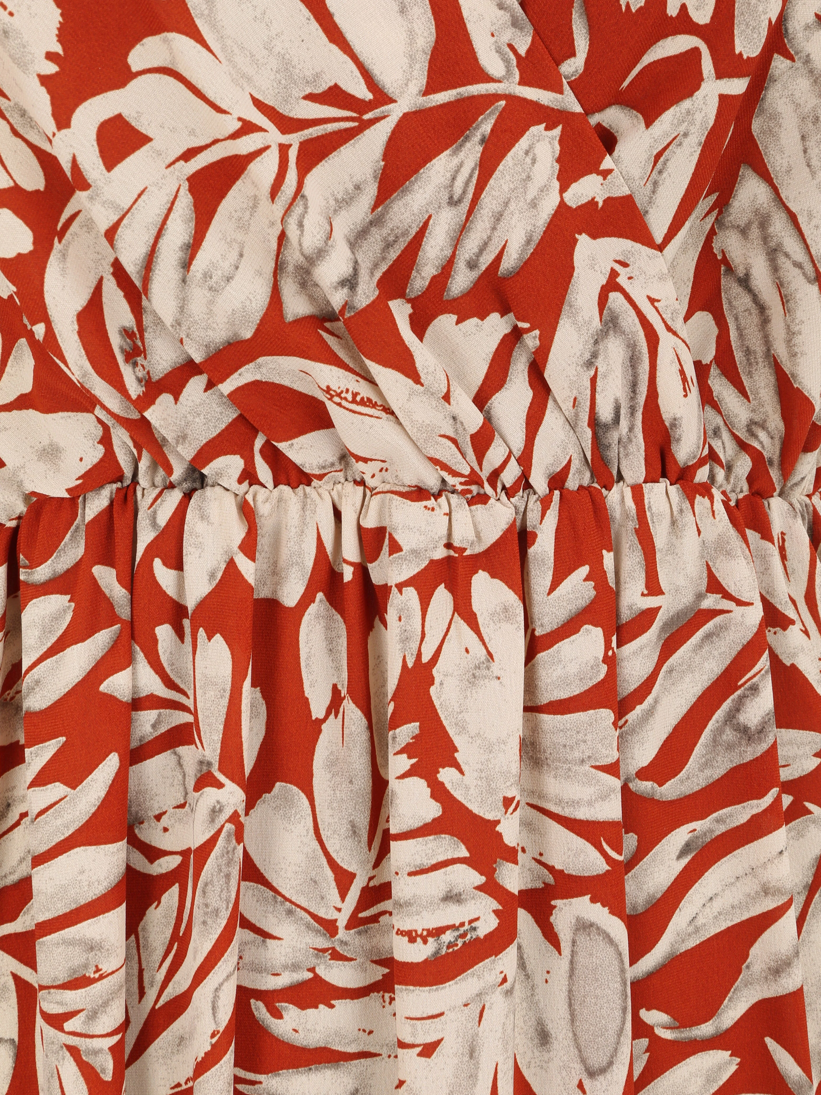Lange empire jurk met bladerenprint en bandjes - Roest - Image 3