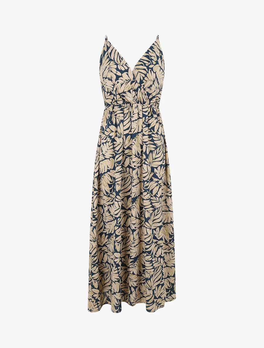 Lange empire jurk met bladerenprint en bandjes - Blauw