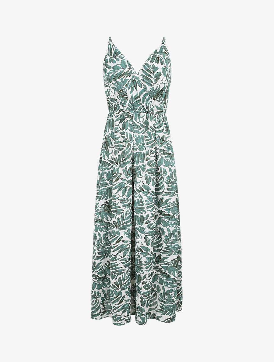 Lange empire jurk met bladerenprint en bandjes - Groen