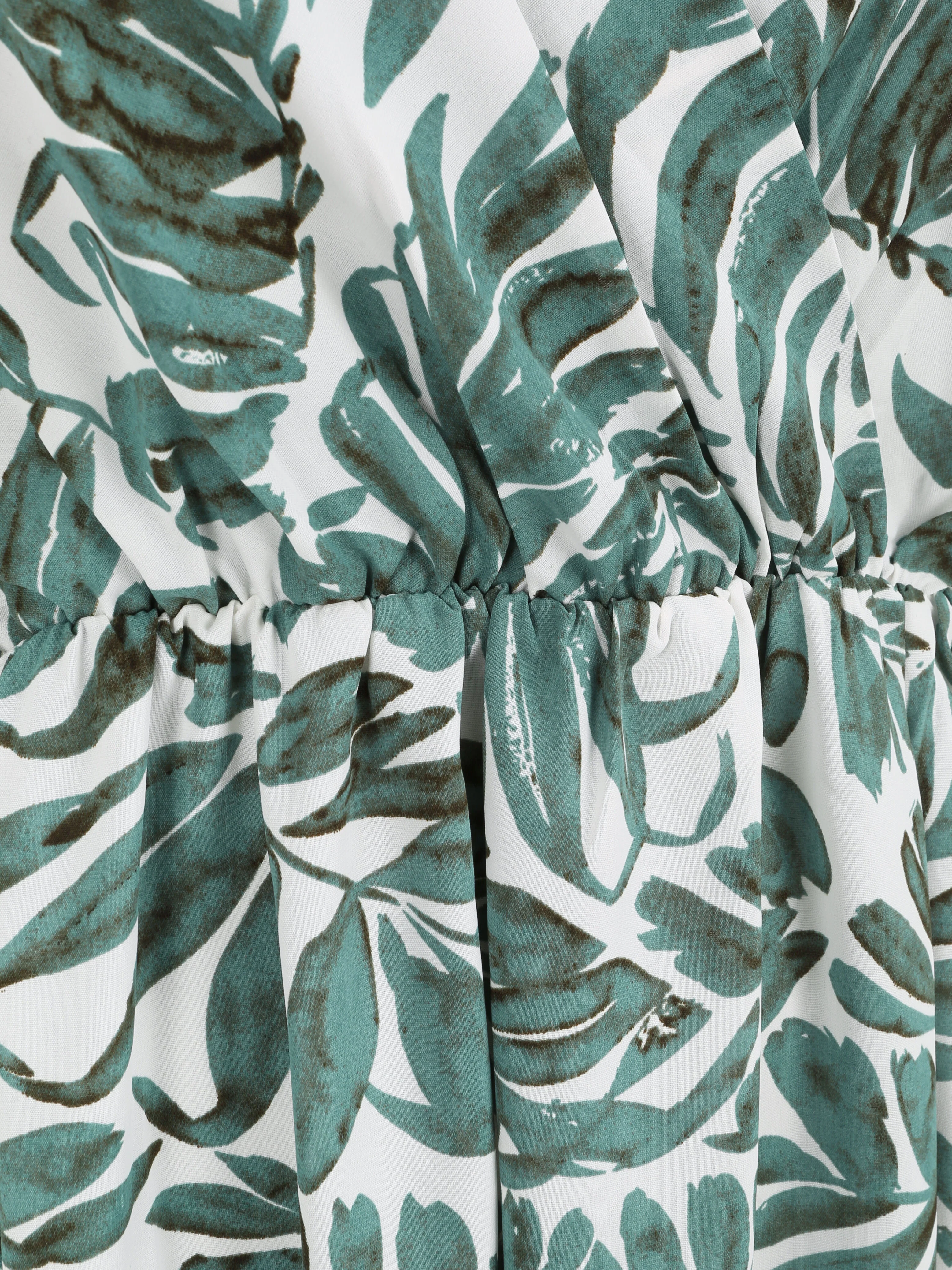 Lange empire jurk met bladerenprint en bandjes - Groen - Image 3