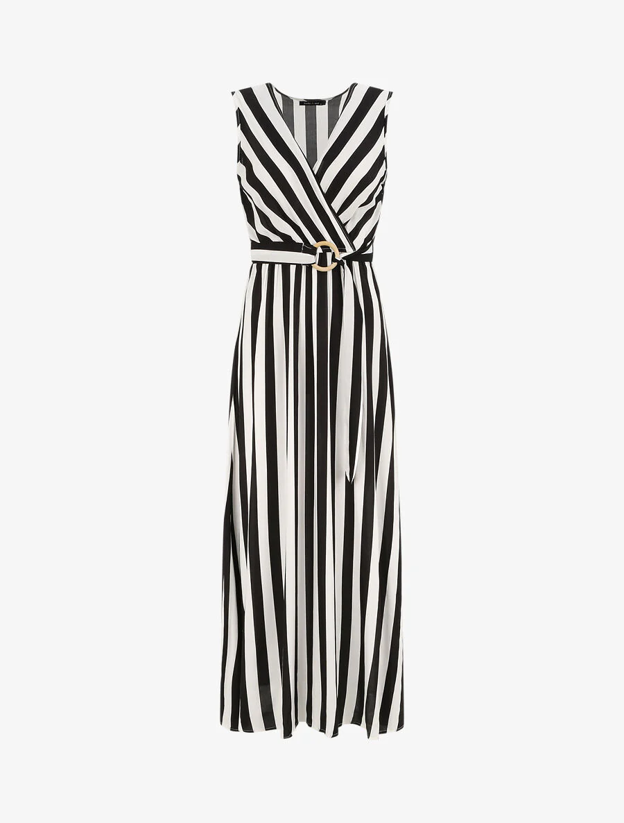 Lange empire jurk met gestreepte print - Zwart