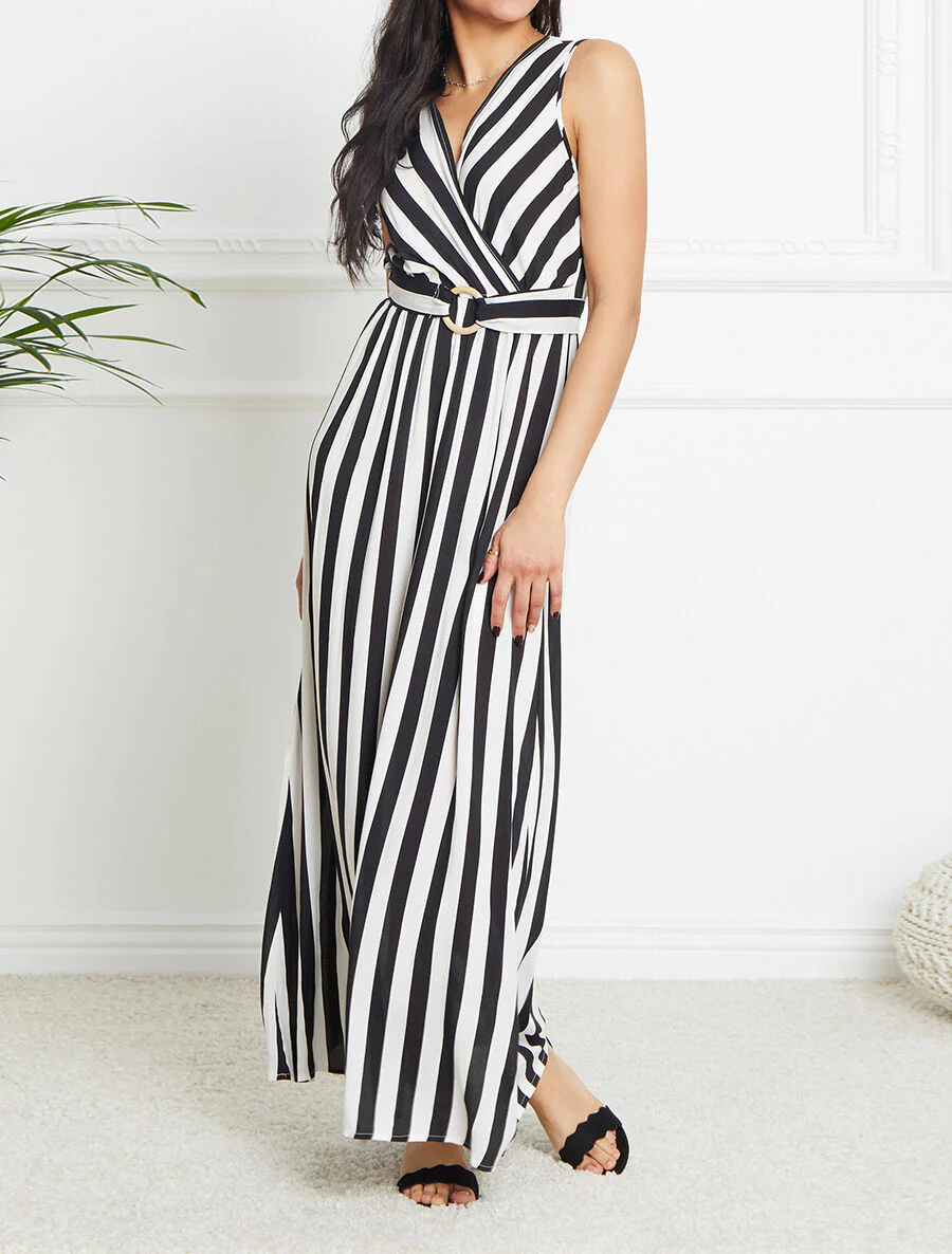 Lange empire jurk met gestreepte print - Zwart - Image 4