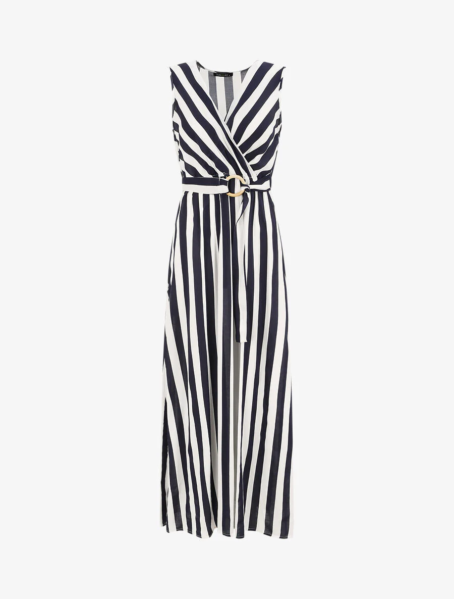 Lange empire jurk met gestreepte print - Marineblauw