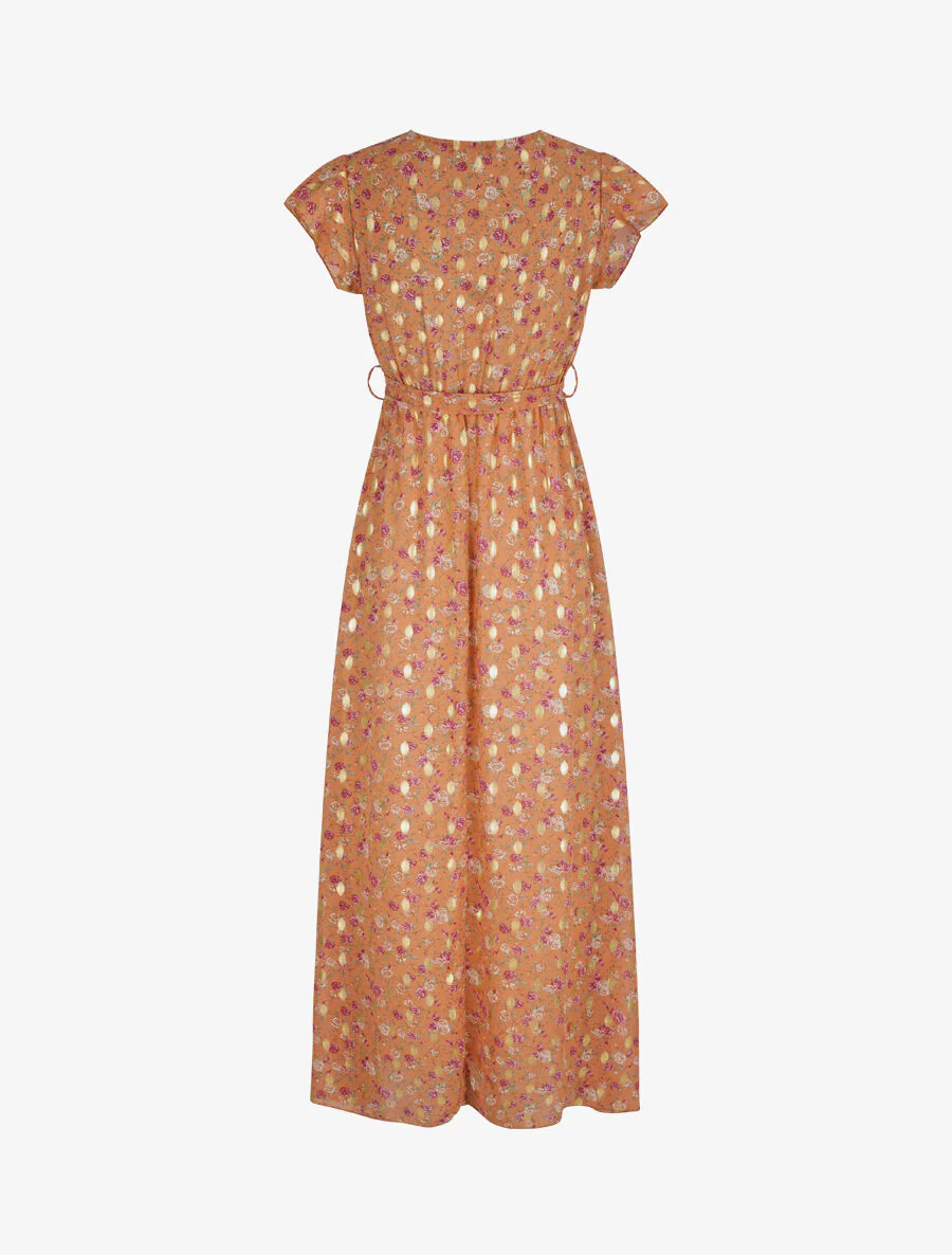Lange getailleerde jurk met iriserende rozenprint - Oranje - Image 2