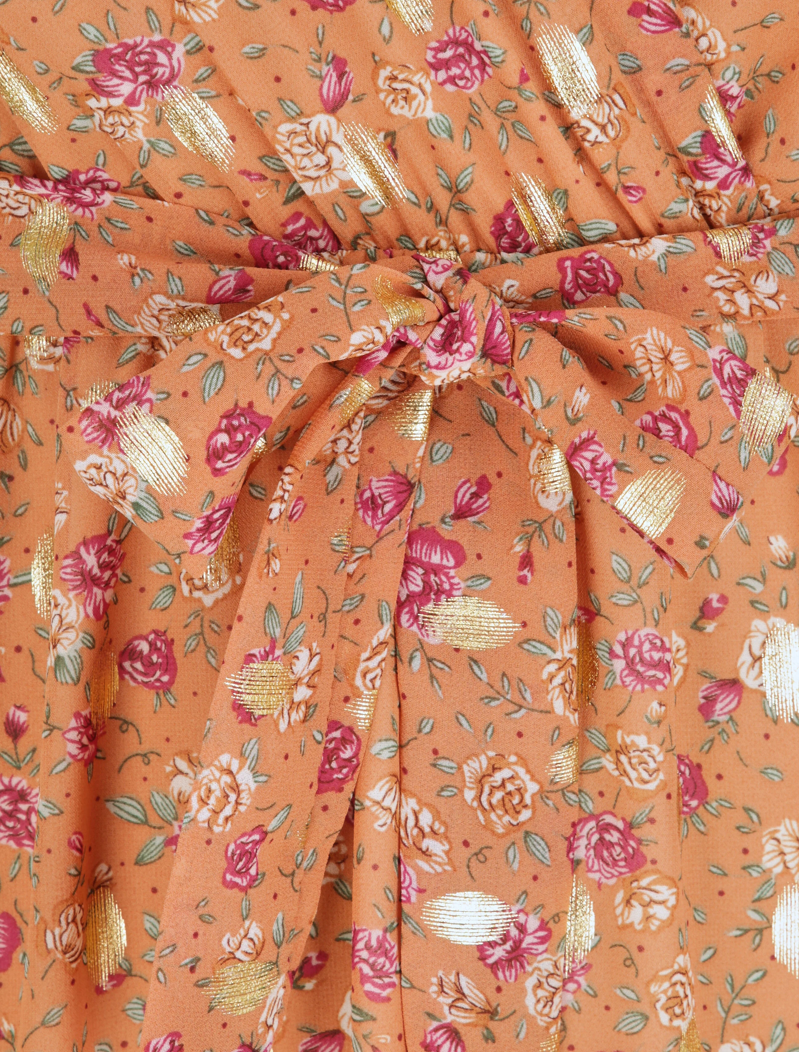 Lange getailleerde jurk met iriserende rozenprint - Oranje - Image 3