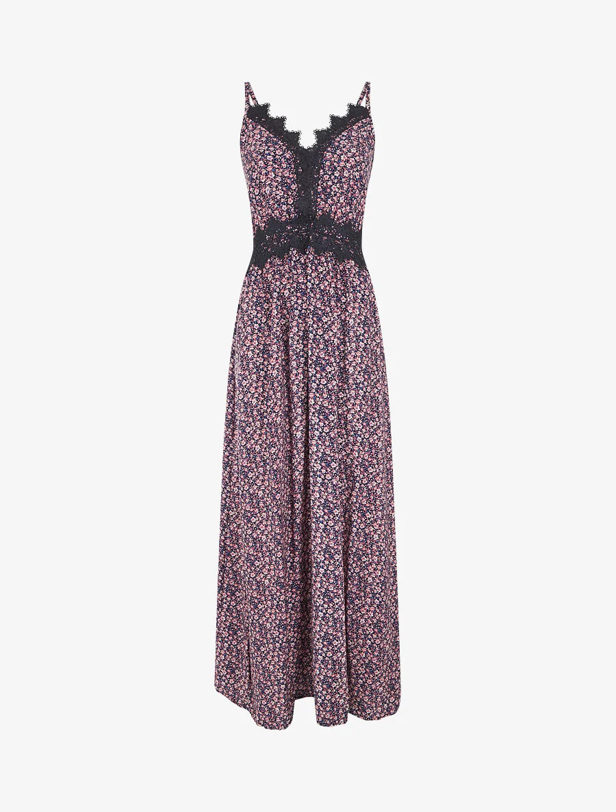 Lange jurk met kleine bloemen en borduurdetails - Marineblauw