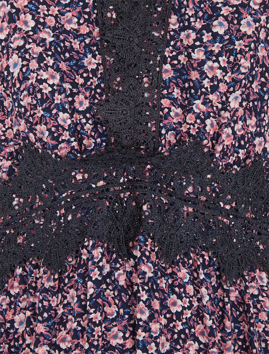 Lange jurk met kleine bloemen en borduurdetails - Marineblauw - Image 3