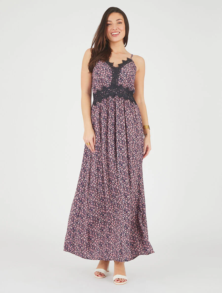 Lange jurk met kleine bloemen en borduurdetails - Marineblauw - Image 4