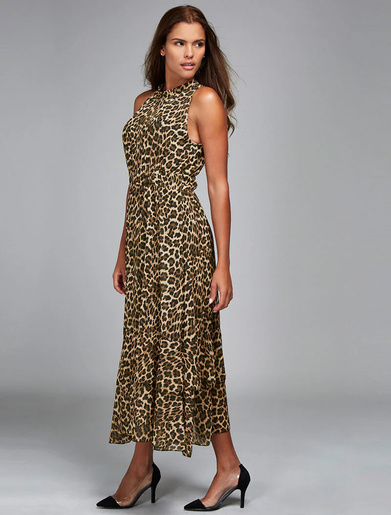 Lange jurk met luipaardprint en halternek - beige - Image 2