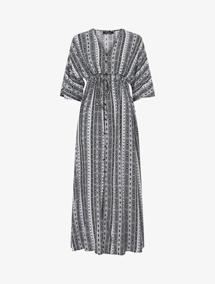 Lange jurk met 3/4-mouwen en grafische print - zwart