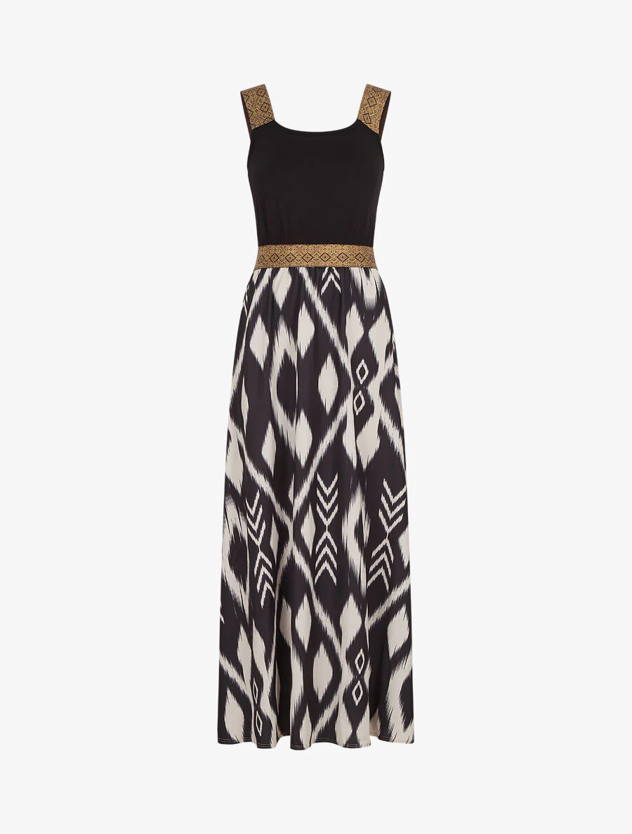 Lange jurk met bandjes en abstracte print - zwart
