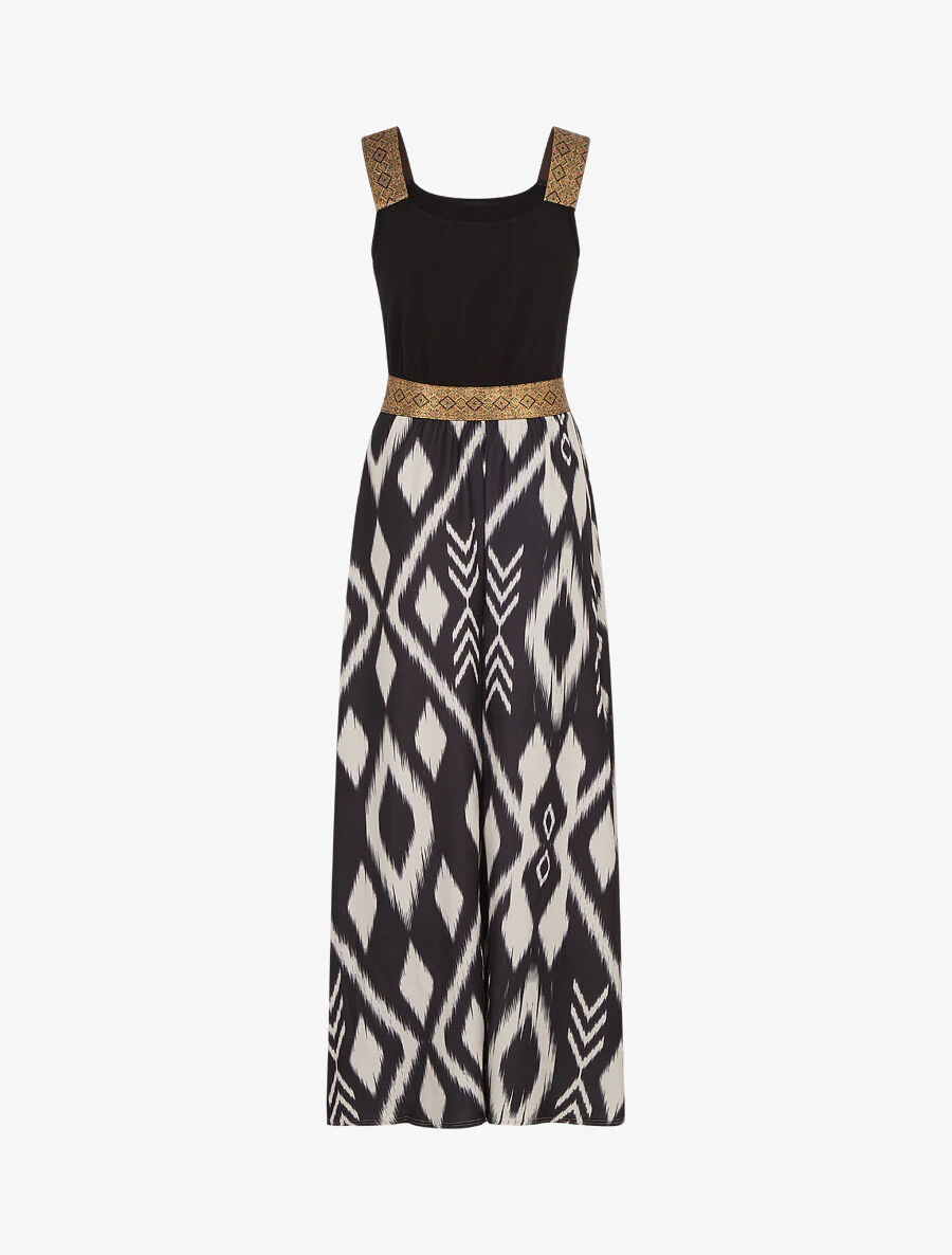 Lange jurk met bandjes en abstracte print - zwart - Image 2