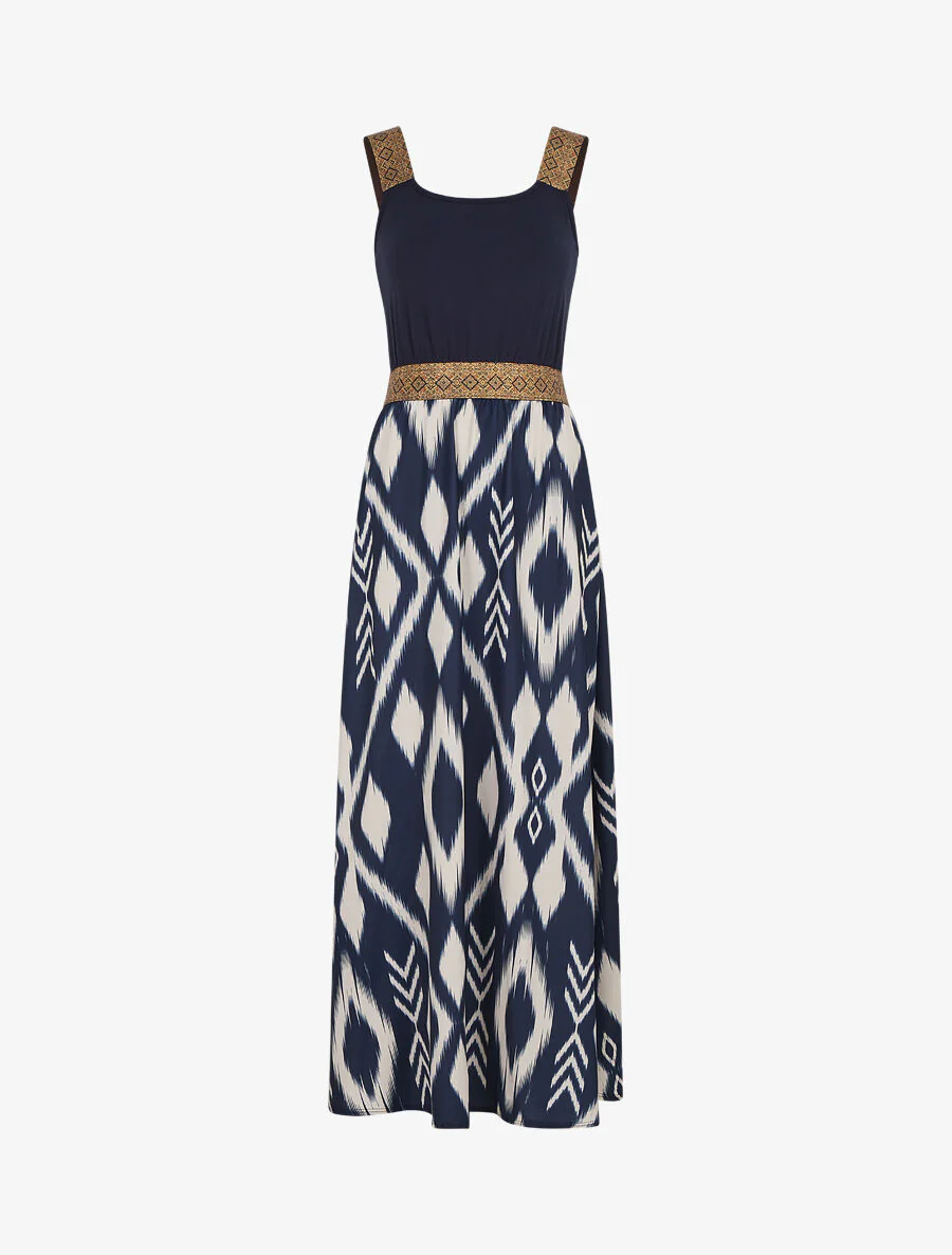 Lange jurk met bandjes en abstracte print - Marineblauw