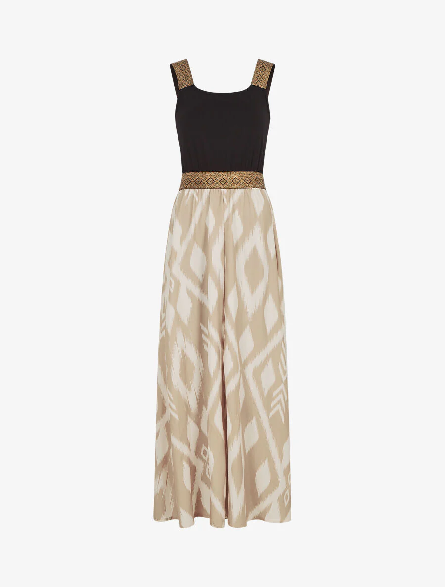 Lange jurk met bandjes en abstracte print - beige