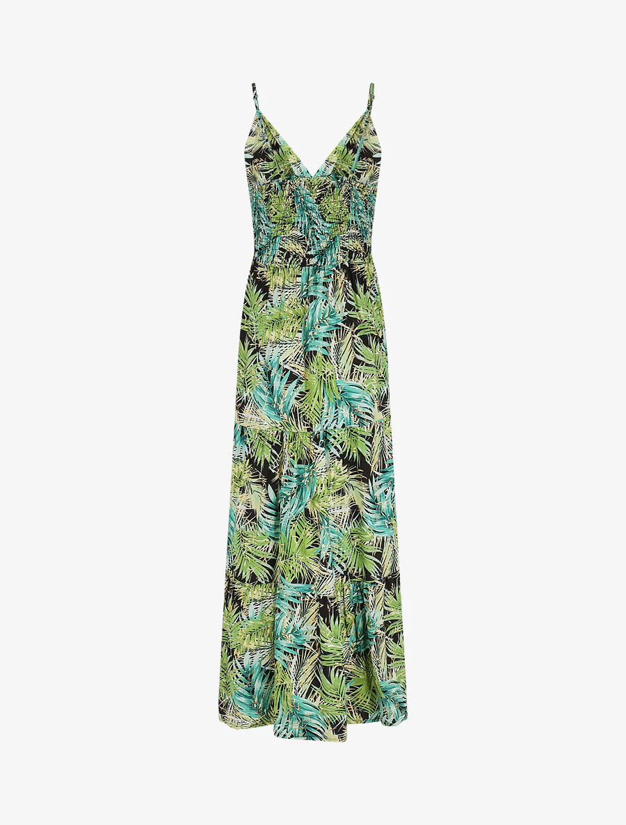 Lange jurk met bandjes en iriserende tropische print - Zwart/groen - Image 2