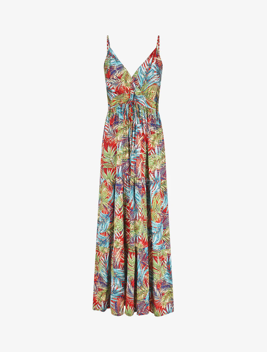 Lange jurk met bandjes en iriserende tropische print - Rood/groen