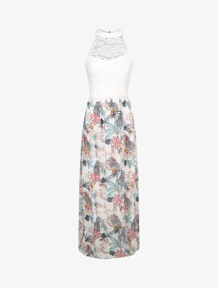 Lange jurk met barok bloemenprint en kanten lijfje - Wit