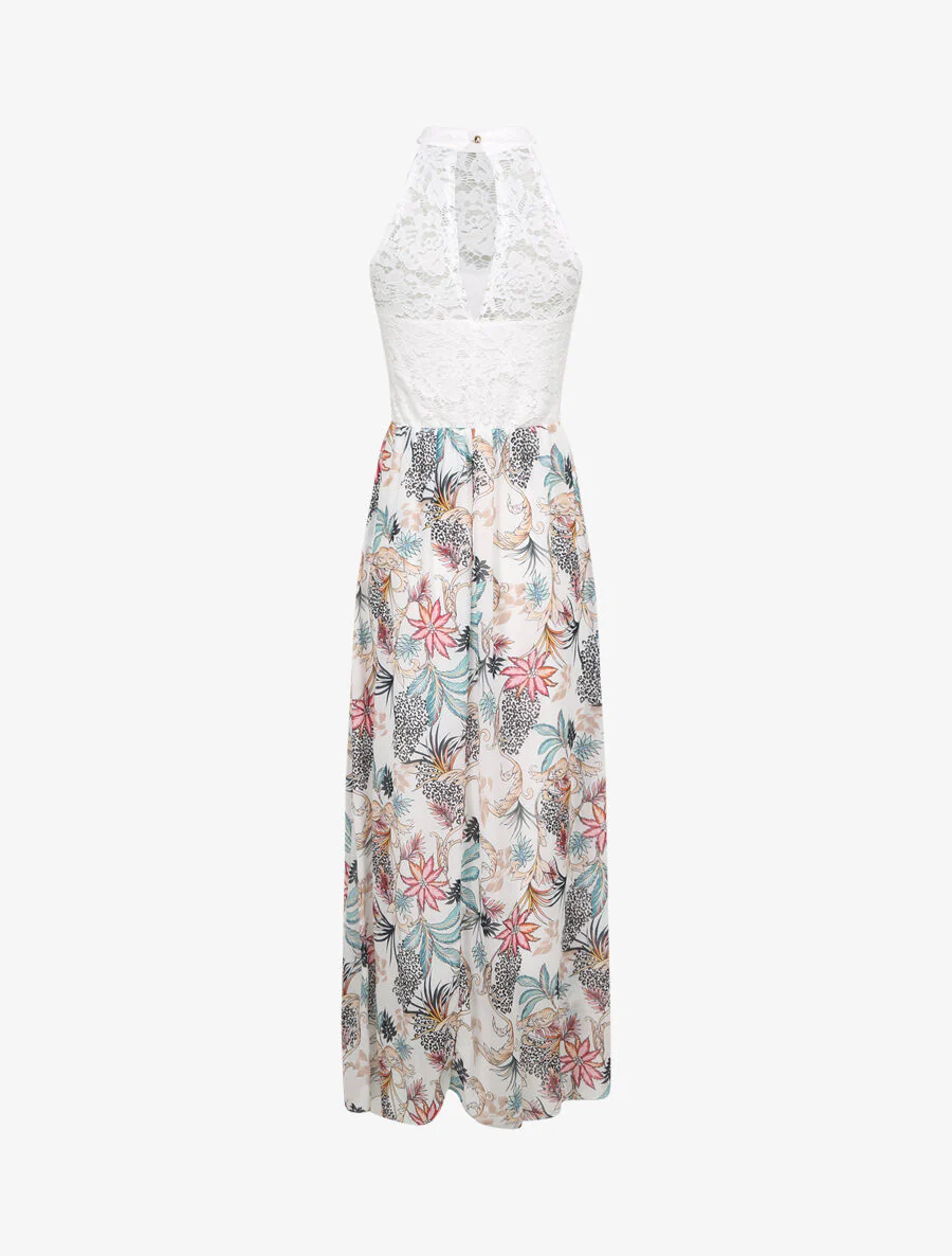 Lange jurk met barok bloemenprint en kanten lijfje - Wit - Image 2