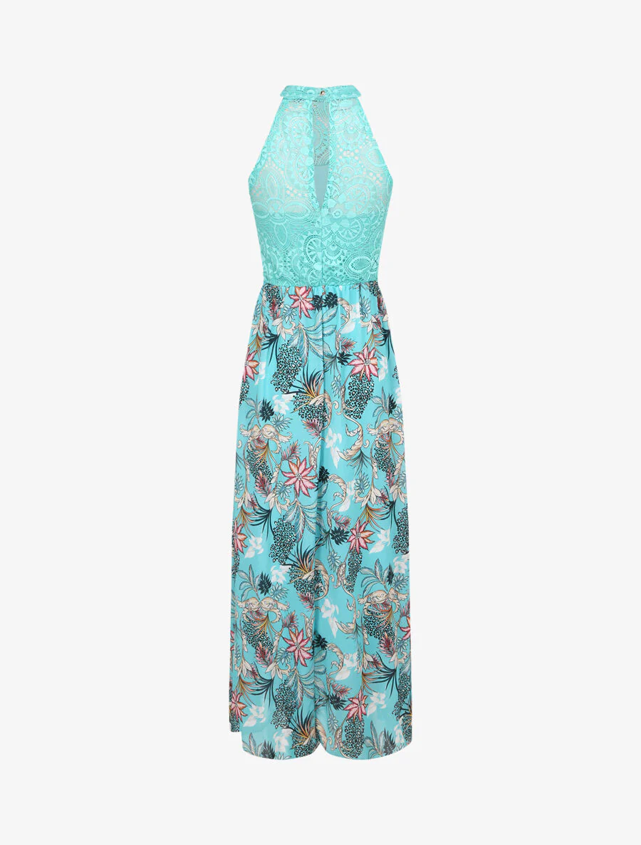 Lange jurk met barok bloemenprint en kanten lijfje - Lagonblauw - Image 2