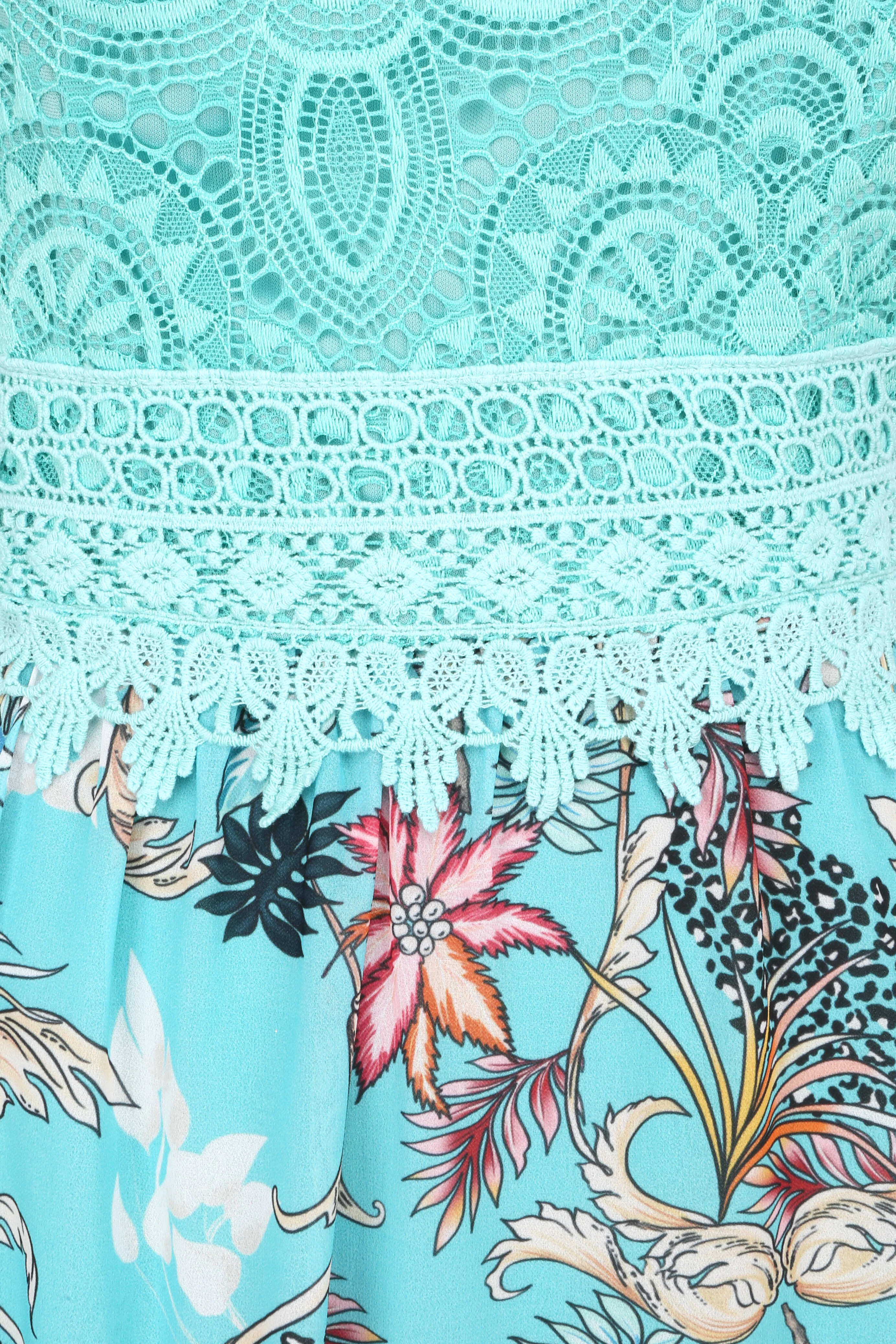 Lange jurk met barok bloemenprint en kanten lijfje - Lagonblauw - Image 3