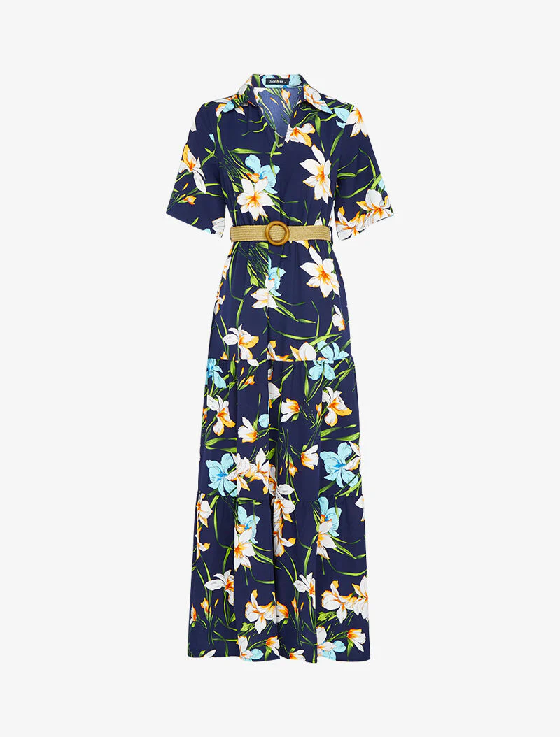 Lange jurk met basque en grote bloemenprint - marineblauw