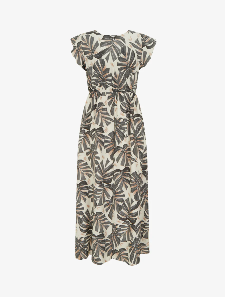 Lange jurk met bladenprint en korte mouwen. - Grijs - Image 2