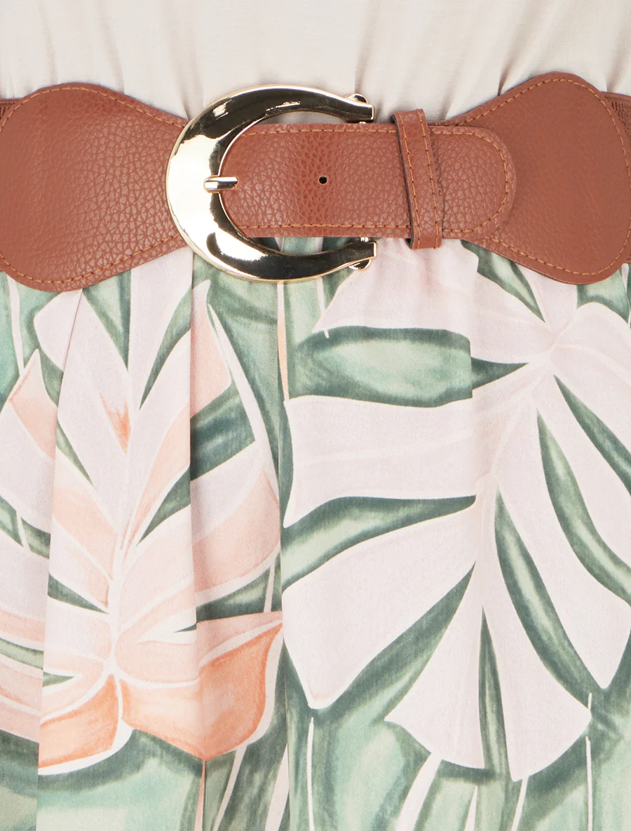 Lange jurk met bladeraandruk. - Beige - Image 3