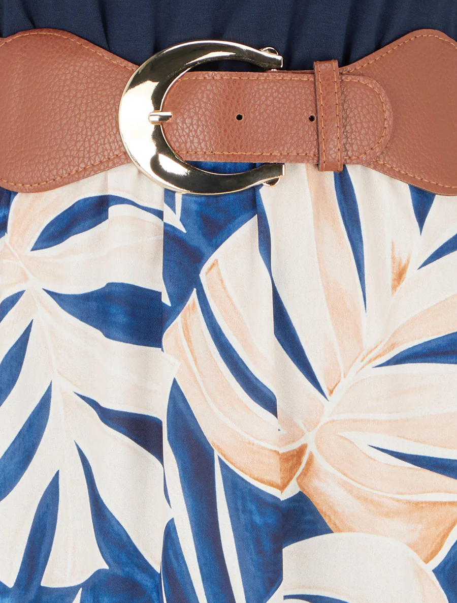 Lange jurk met bladeraandruk. - Marine - Image 3