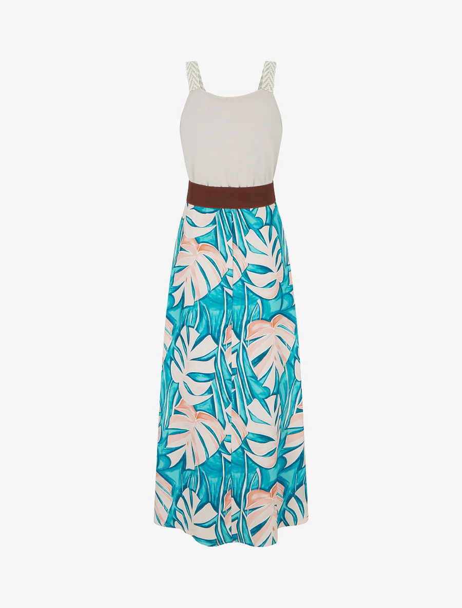Lange jurk met bladeraandruk. - Eendenblauw - Image 2