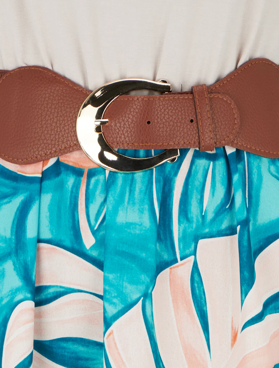 Lange jurk met bladeraandruk. - Eendenblauw - Image 3