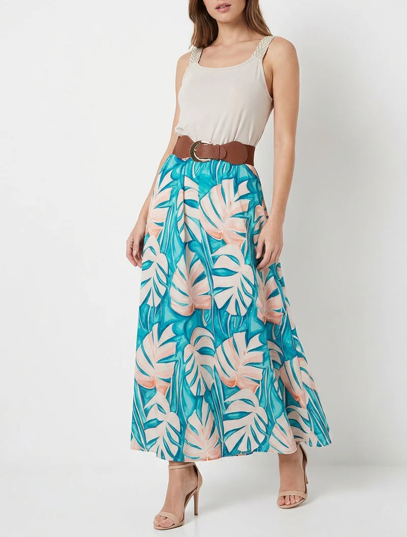 Lange jurk met bladeraandruk. - Eendenblauw - Image 4