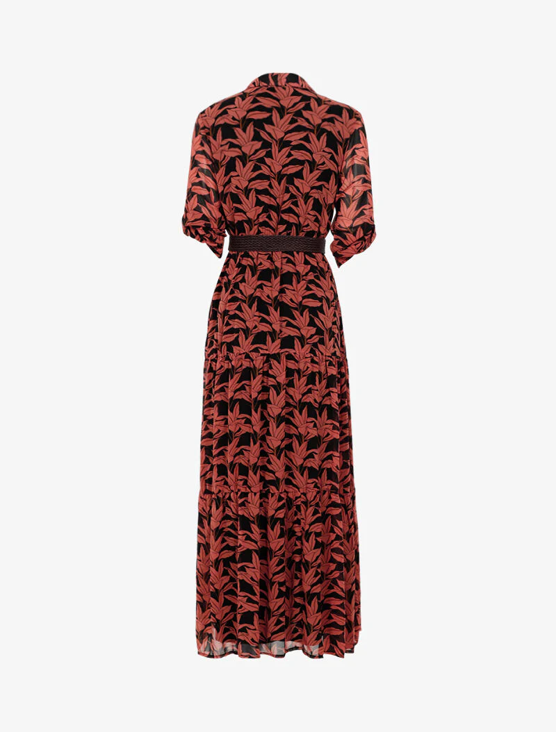 Lange jurk met bladenprint - zwart - Image 2