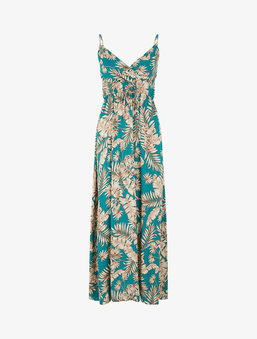 Lange jurk met bladerenprint - Blauwgroen