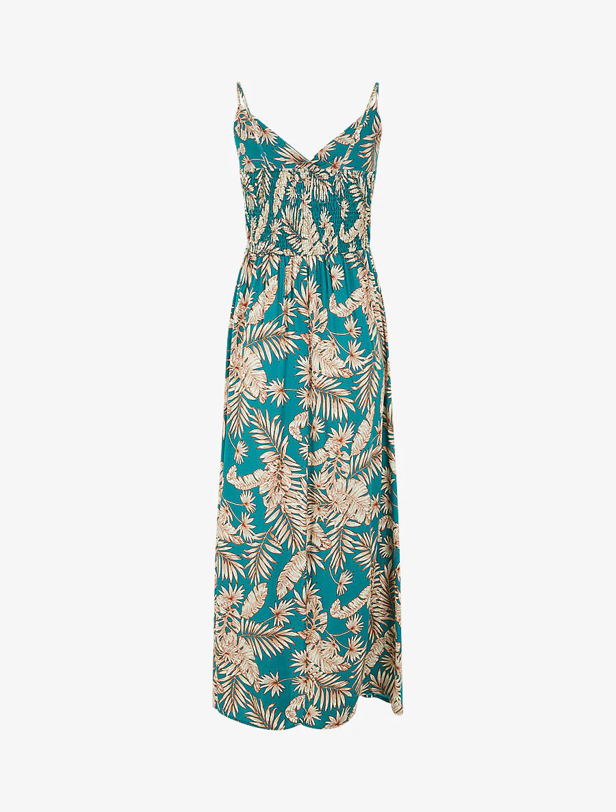 Lange jurk met bladerenprint - Blauwgroen - Image 2