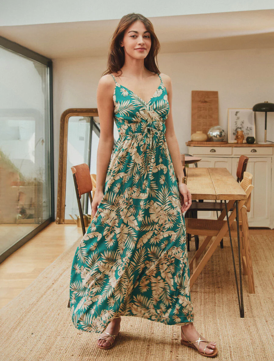 Lange jurk met bladerenprint - Blauwgroen - Image 4