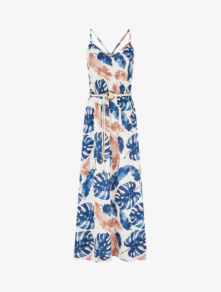 Lange jurk met bladprint en elastische taille - Marine