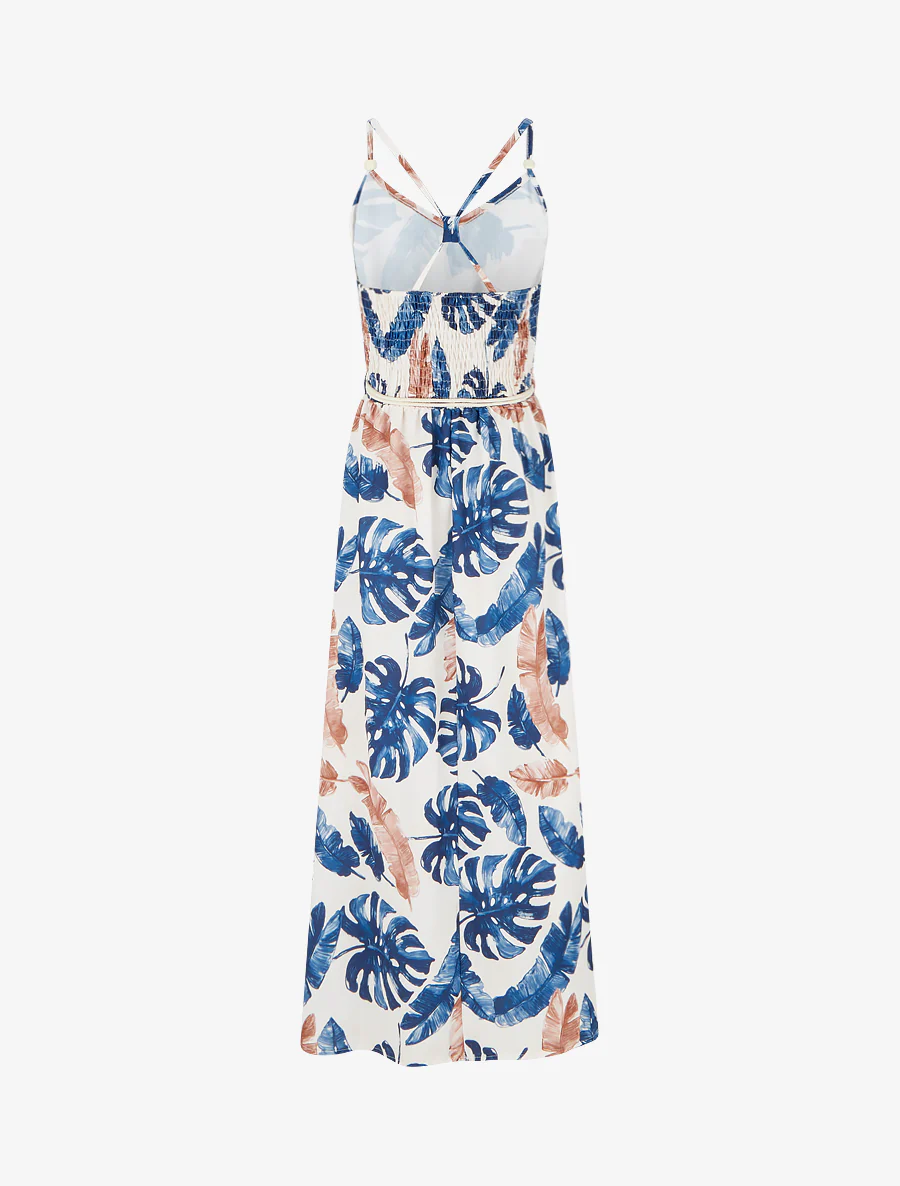 Lange jurk met bladprint en elastische taille - Marine - Image 2