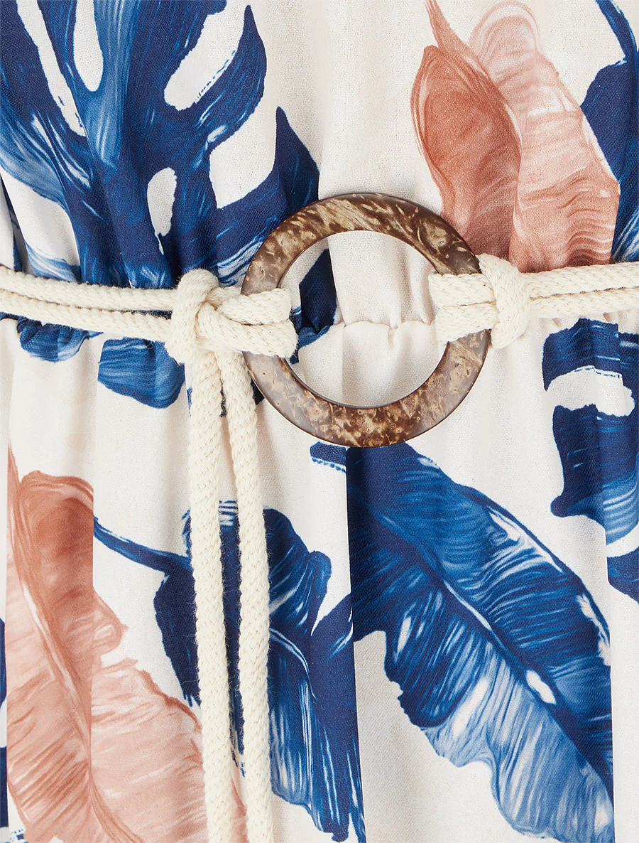 Lange jurk met bladprint en elastische taille - Marine - Image 3
