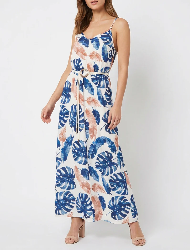 Lange jurk met bladprint en elastische taille - Marine - Image 4