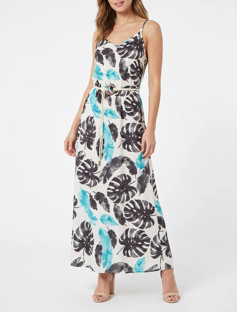 Lange jurk met bladprint en elastische taille - Zwart - Image 4