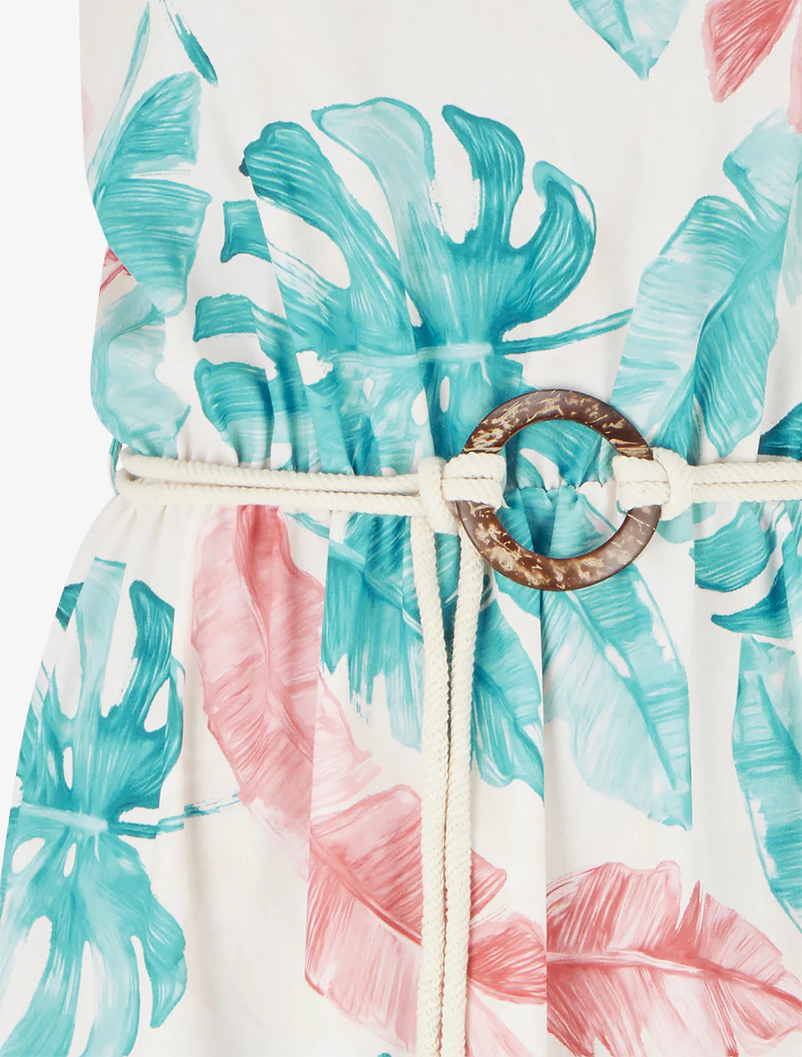 Lange jurk met bladprint en elastische taille - Turkoois - Image 3