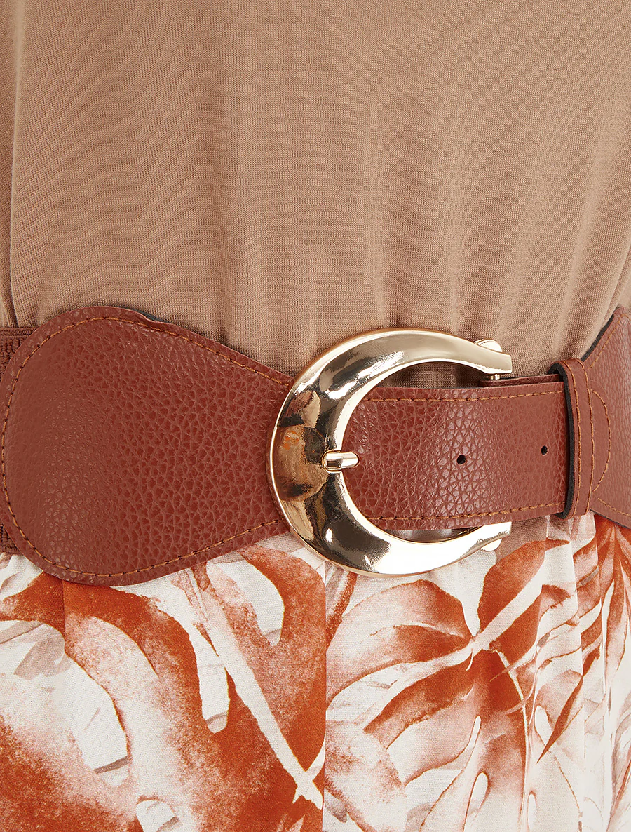 Lange jurk met bladprint rok - Kameel - Image 3