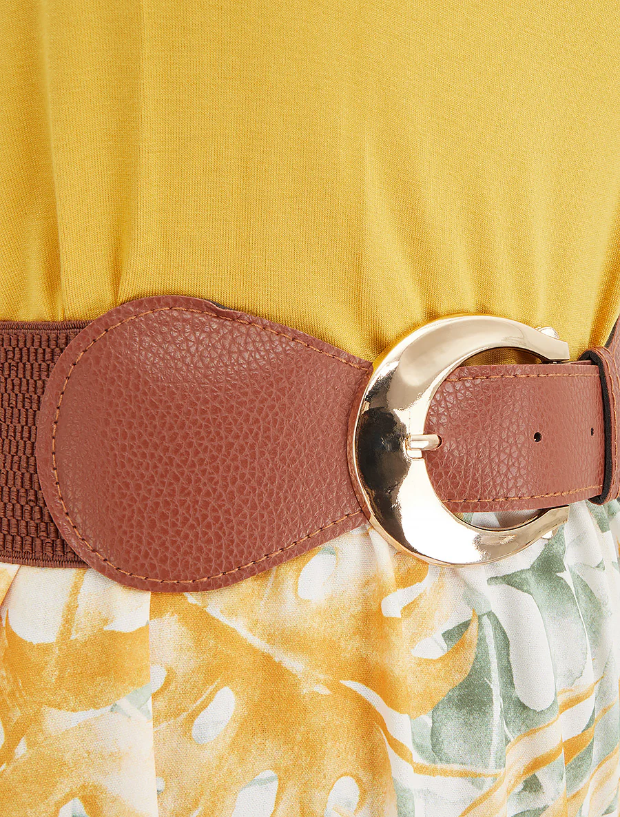Lange jurk met bladprint rok - Mosterdgeel - Image 3