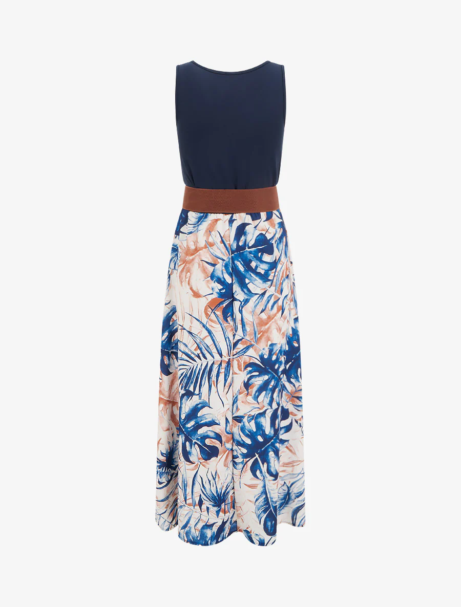 Lange jurk met bladprint rok - Marine - Image 2
