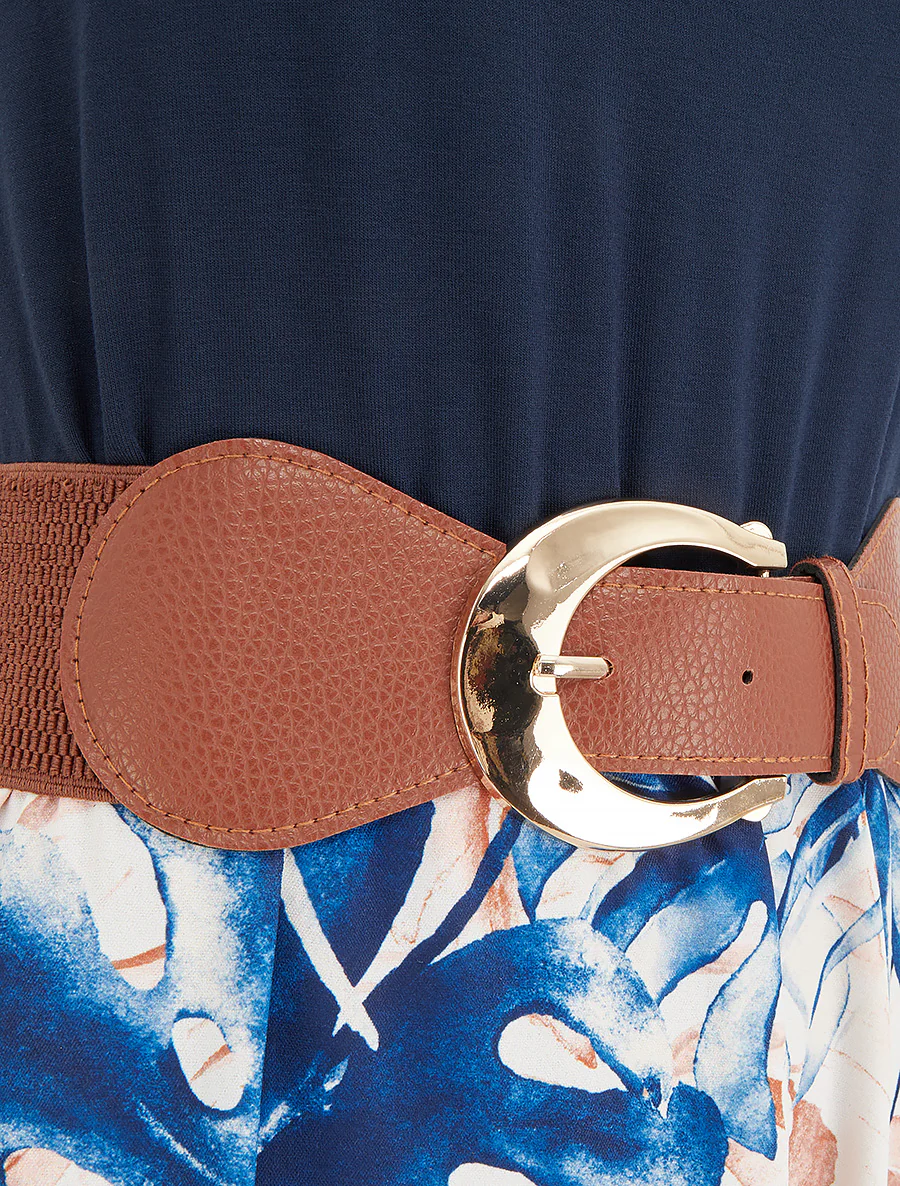 Lange jurk met bladprint rok - Marine - Image 3