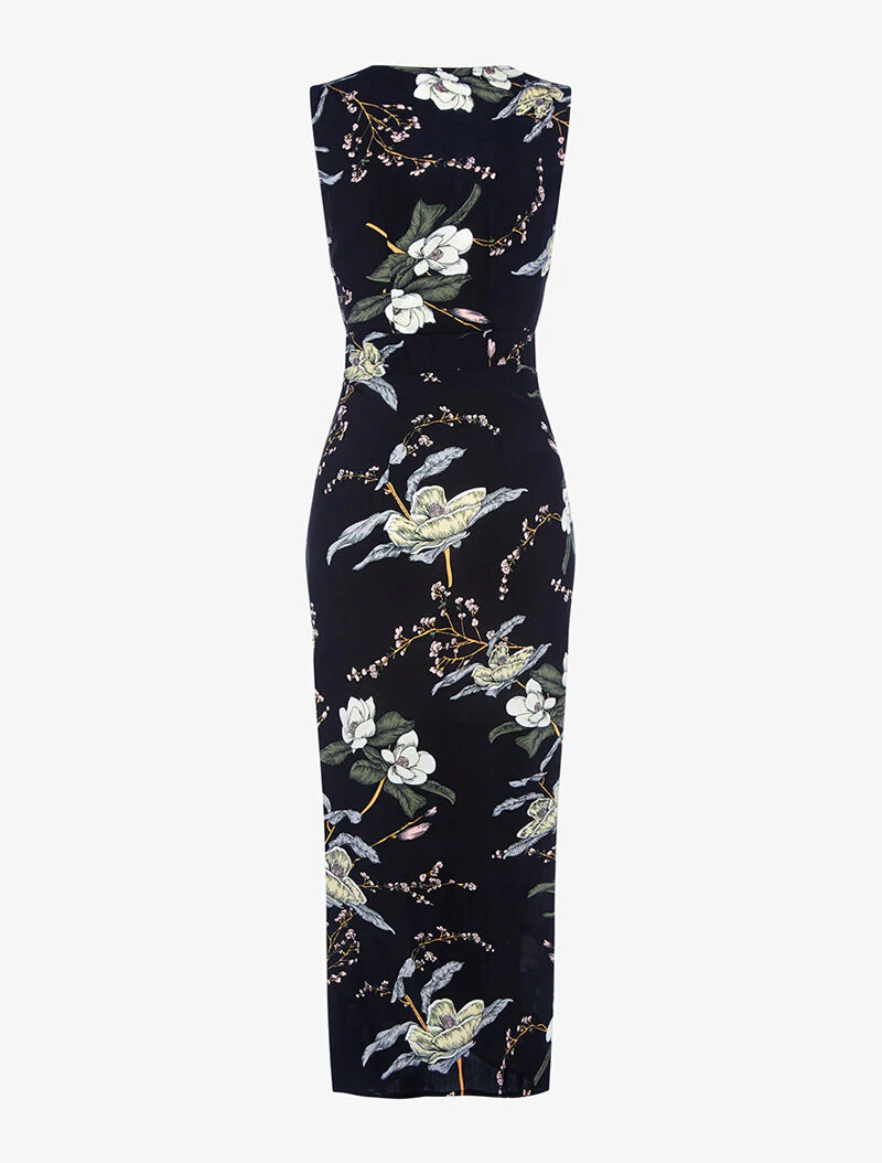 Lange overslagjurk met bloemen - zwart - Image 2