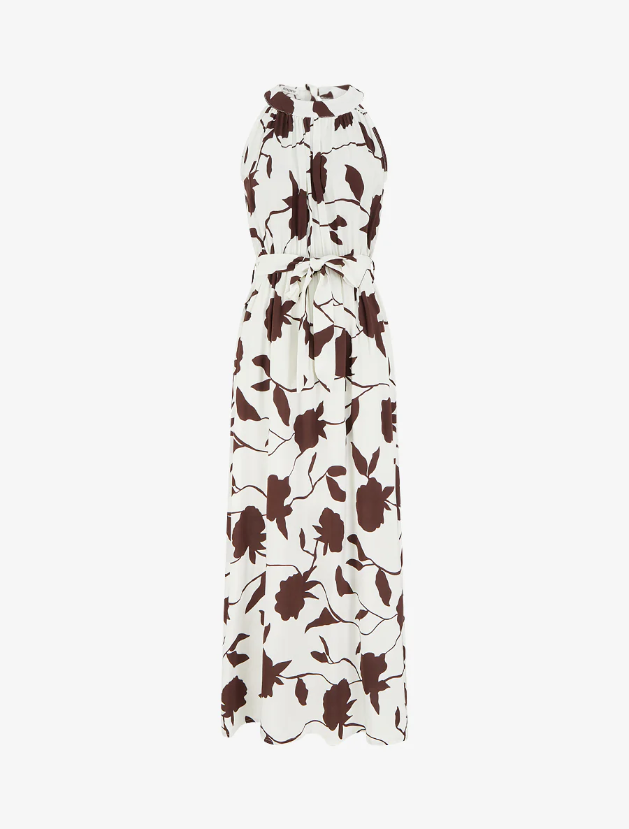Lange jurk met bloemenprint en elastiek - Bruin